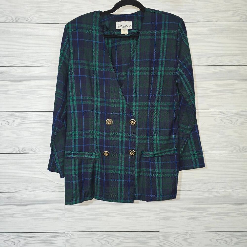 Stella Vintage Blue Green Plaid Double Breasted Blazer Large Office Career Matur